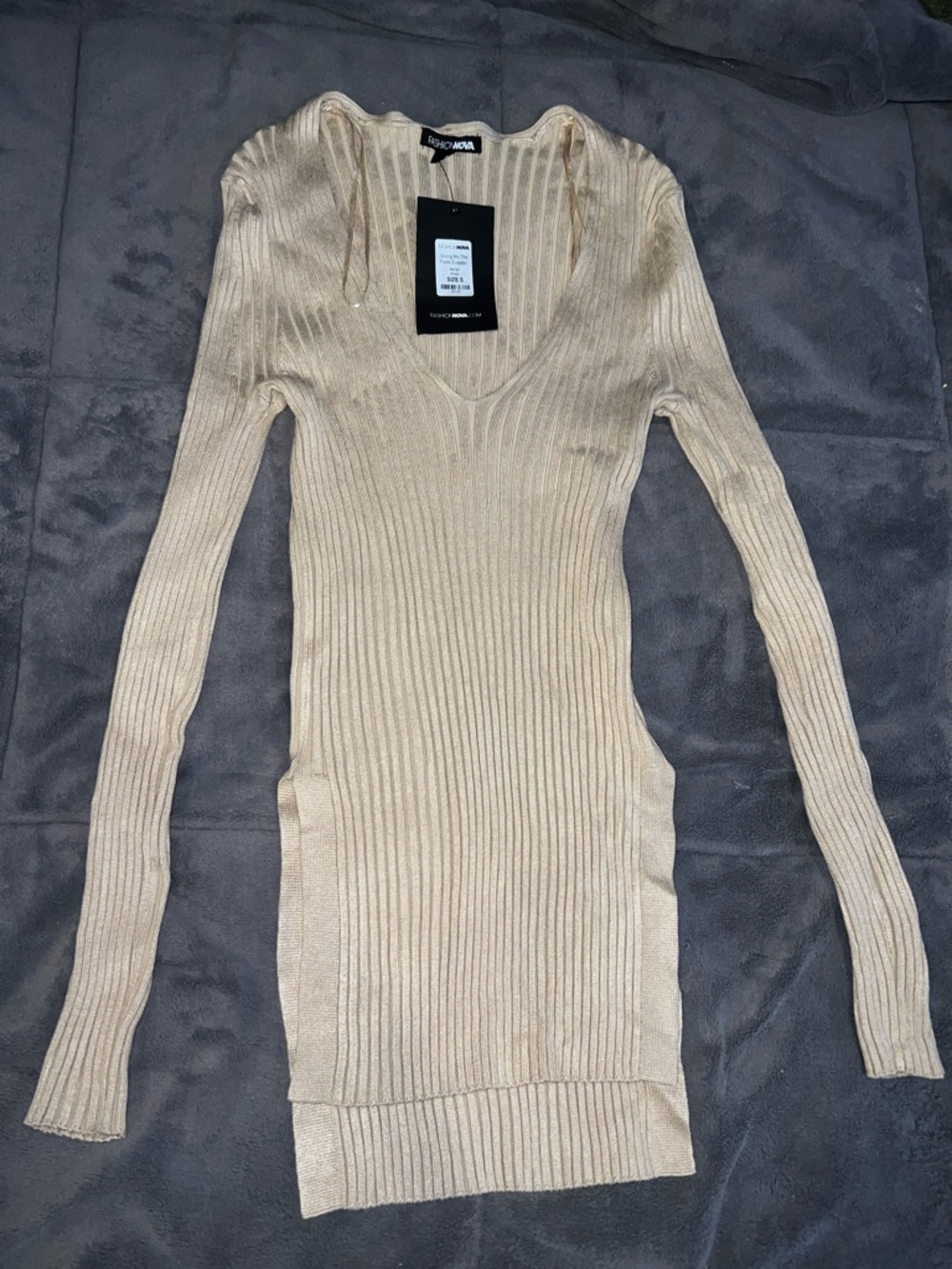 Fashion Nova Beige Ribbed Long Sleeve Mini Dress